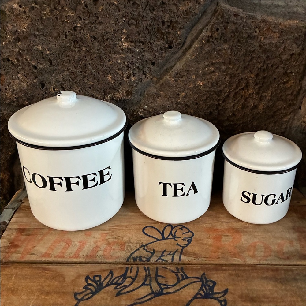 White Enamel Coffee, Tea, and Sugar Canister Set
